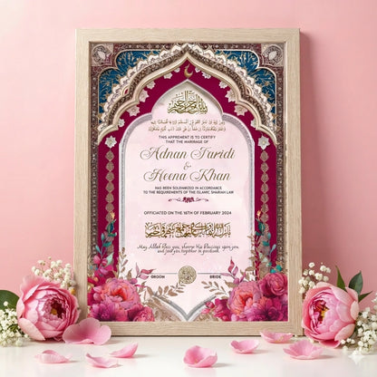 Noor-e-Lail Personalised Nikah Nama Frame featuring deep magenta and teal royal archway, floral base art, Arabic calligraphy, couple names, and natural wood frame.