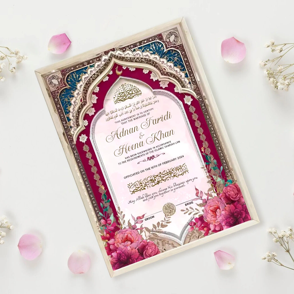 Noor-e-Lail Personalised Nikah Nama Frame featuring deep magenta and teal royal archway, floral base art, Arabic calligraphy, couple names, and natural wood frame.