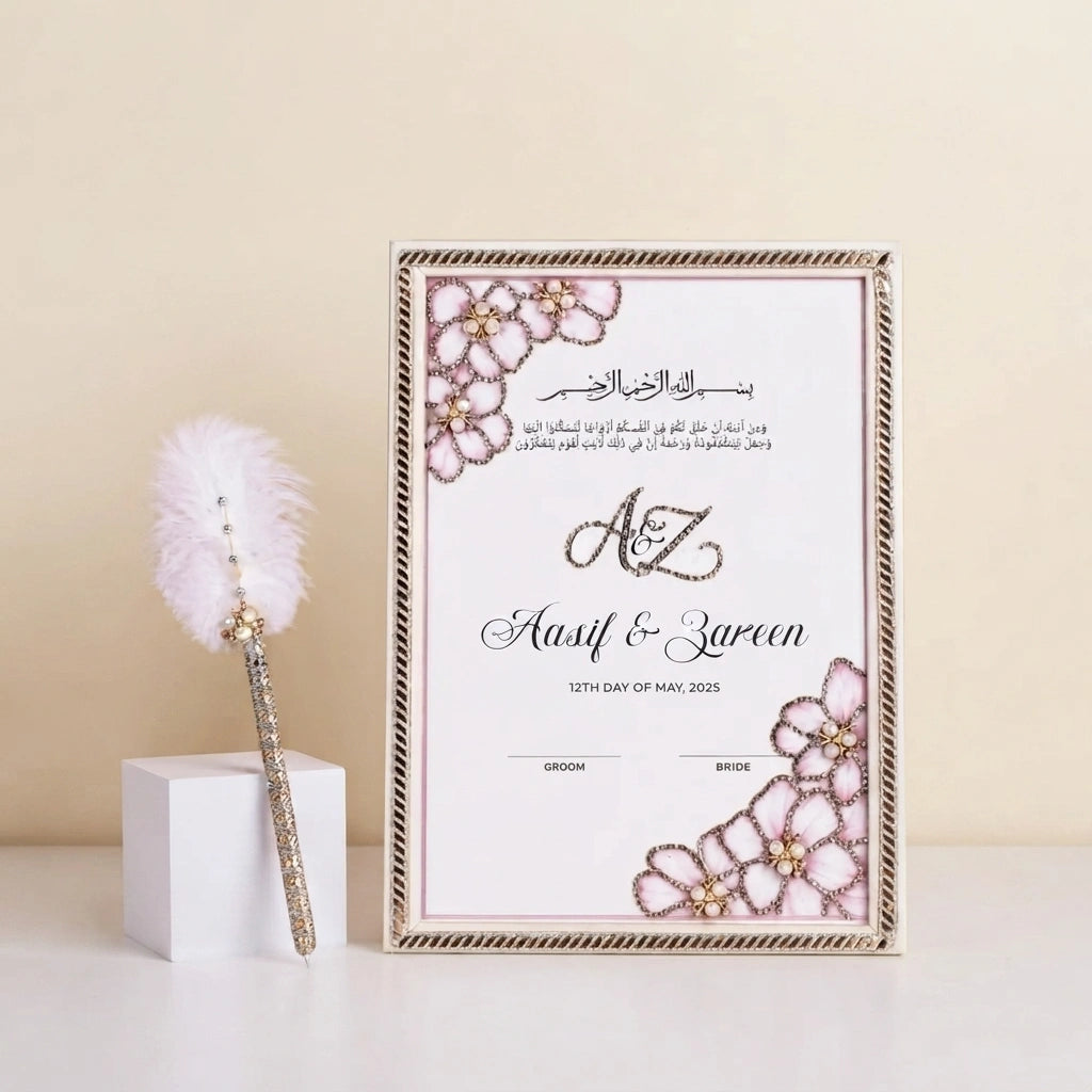 Blush Bloom Personalised Nikah Frame featuring blush pink flowers with pearl details, Arabic calligraphy, couple names, and an embellished carved frame.