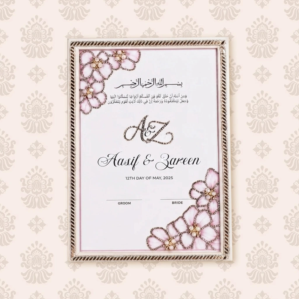 Blush Bloom Personalised Nikah Frame featuring blush pink flowers with pearl details, Arabic calligraphy, couple names, and an embellished carved frame.