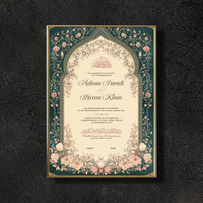 Green Legacy Personalised Nikah Nama Frame featuring deep emerald green botanical borders, cream archway, Arabic calligraphy, couple names, and a gold frame.