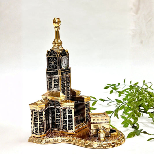 Turkish Islamic table decor featuring 99 names of Allah in Arabic calligraphy with a working clock.