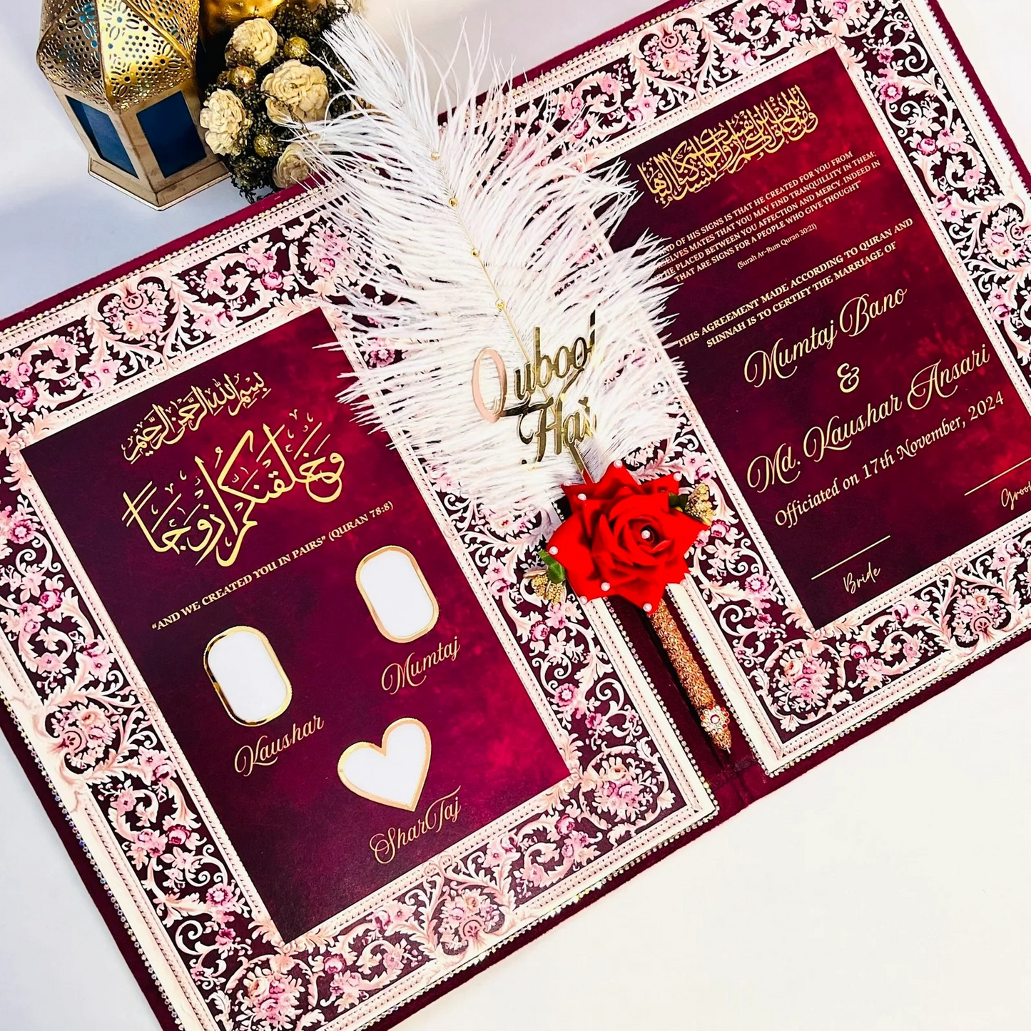 Luxury Nikah Certificate, Nikah Nama & Nikah Pen Personalised Names with Quran Verse