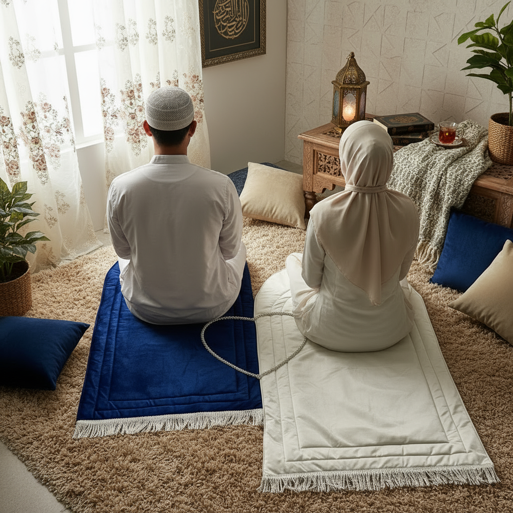 Aesthetic Blue & White Couple Prayer Mat Set – Luxury Islamic Wedding Gift