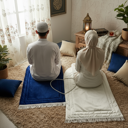 Aesthetic Blue & White Couple Prayer Mat Set – Luxury Islamic Wedding Gift