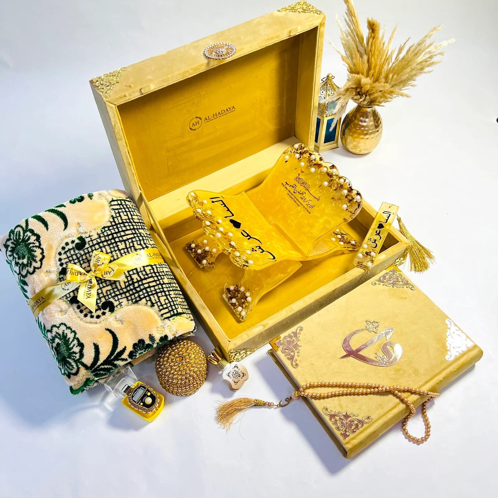 Golden velvet Quran gift box with resin bookmark and halal attar – perfect for brides, grooms, or home prayer spaces.