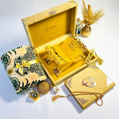 Golden velvet Quran gift box with resin bookmark and halal attar – perfect for brides, grooms, or home prayer spaces.