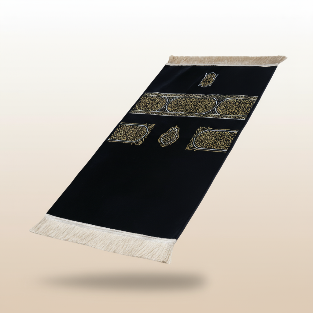 “High-quality Turkish chenille prayer rug inspired by Kaaba Kiswa with tassel edges”