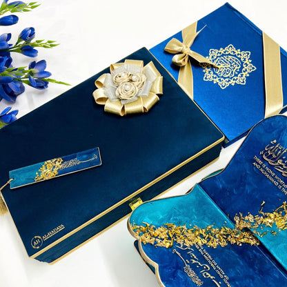 Lavish Rehal & Quran Gift Hamper in Midnight Blue – Personalised Tajweed Rainbow Quran with Resin Quran Holder
