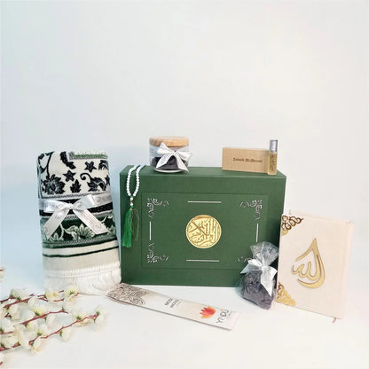 Elegant Ramadan or Eid gift set with olive green Quran, tasbih, and Oud perfume