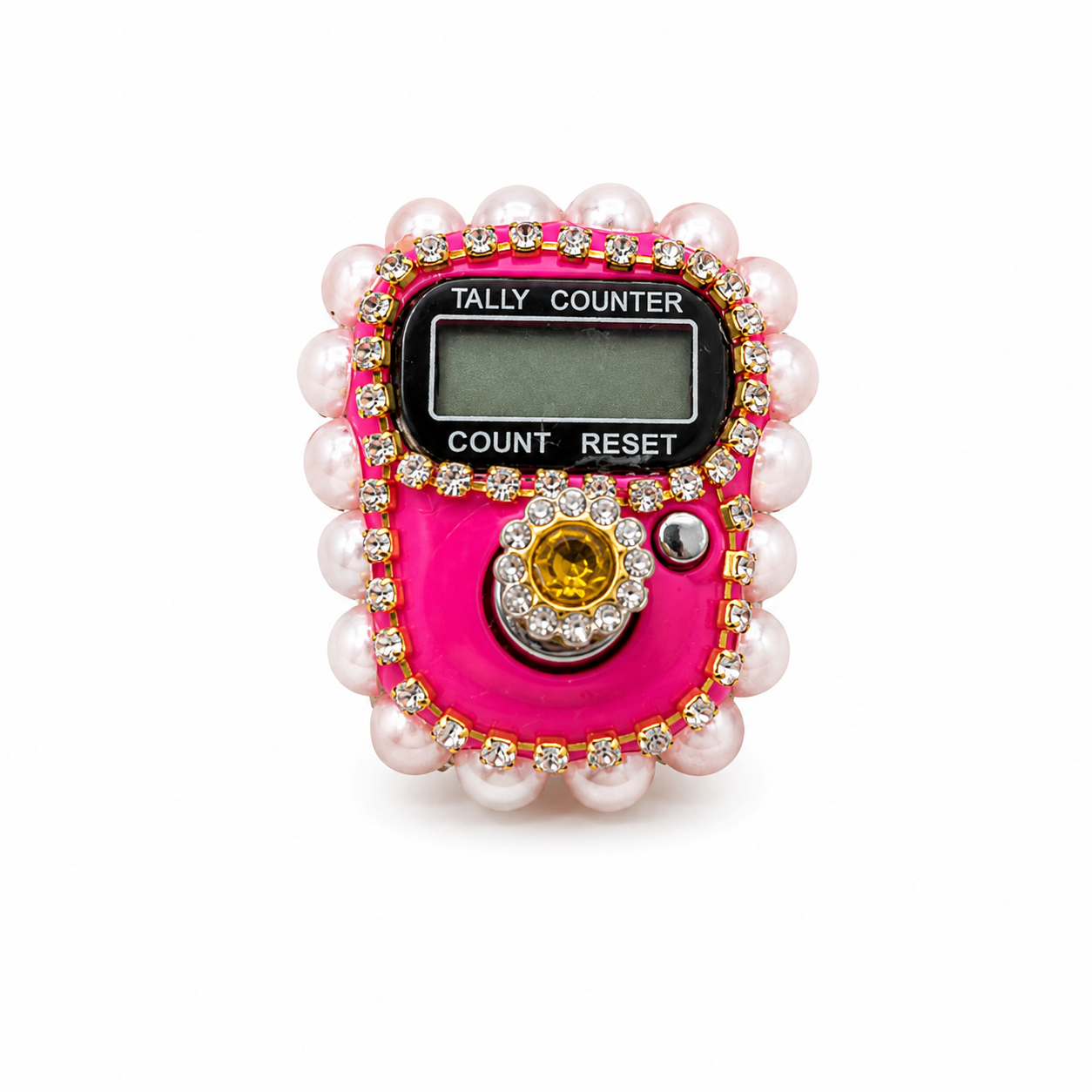 Pink tally counter with pearls and gemstones on a white background