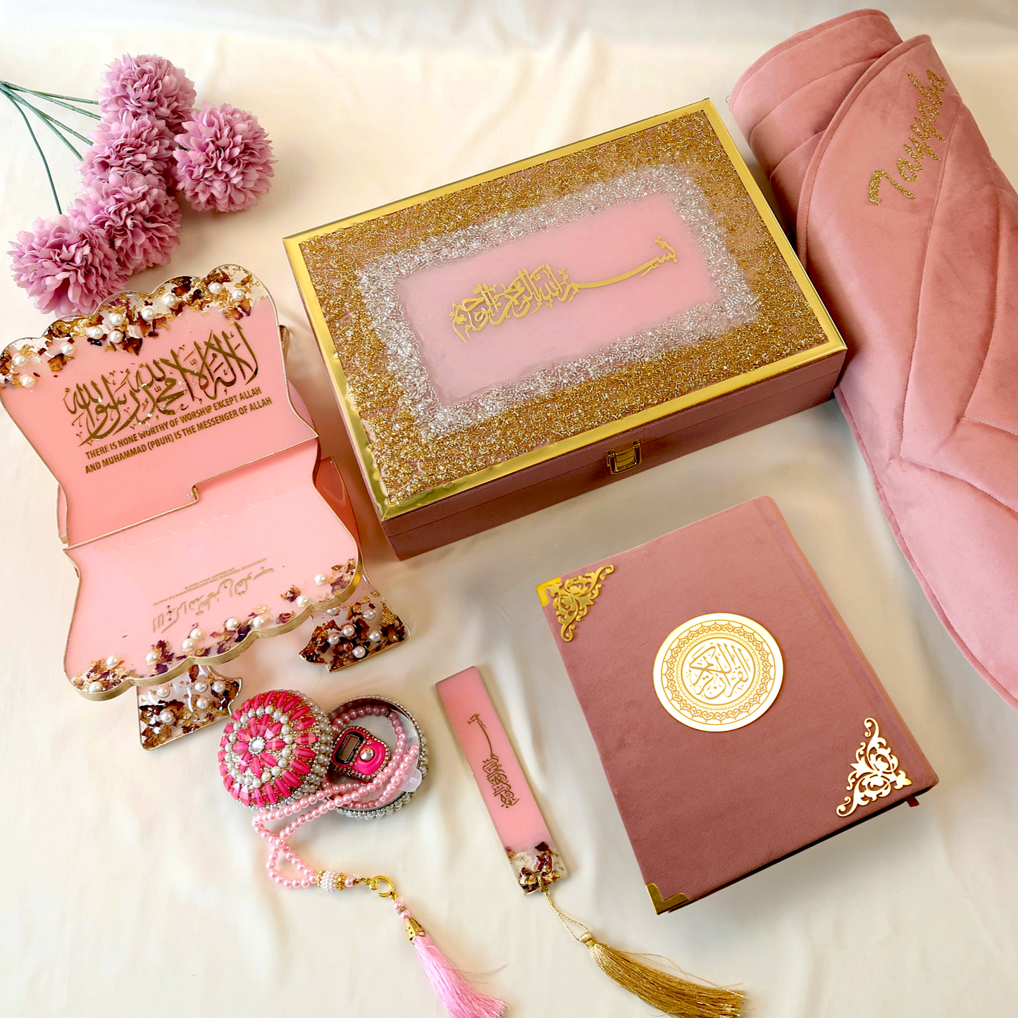Pastel Pink Quran Gift Set with velvet Quran, resin rehal, tasbih, and prayer mat perfect for nikkah and wedding