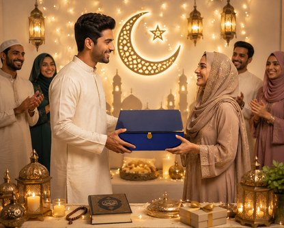 A man in a white thobe presents a dark blue gift box with a gold clasp to a woman in a beige hijab and dress, during a festive Ramadan celebration. Other people in traditional clothing are visible in the background, along with hanging lanterns, string lights, and a decorative crescent moon and mosque wall sign.