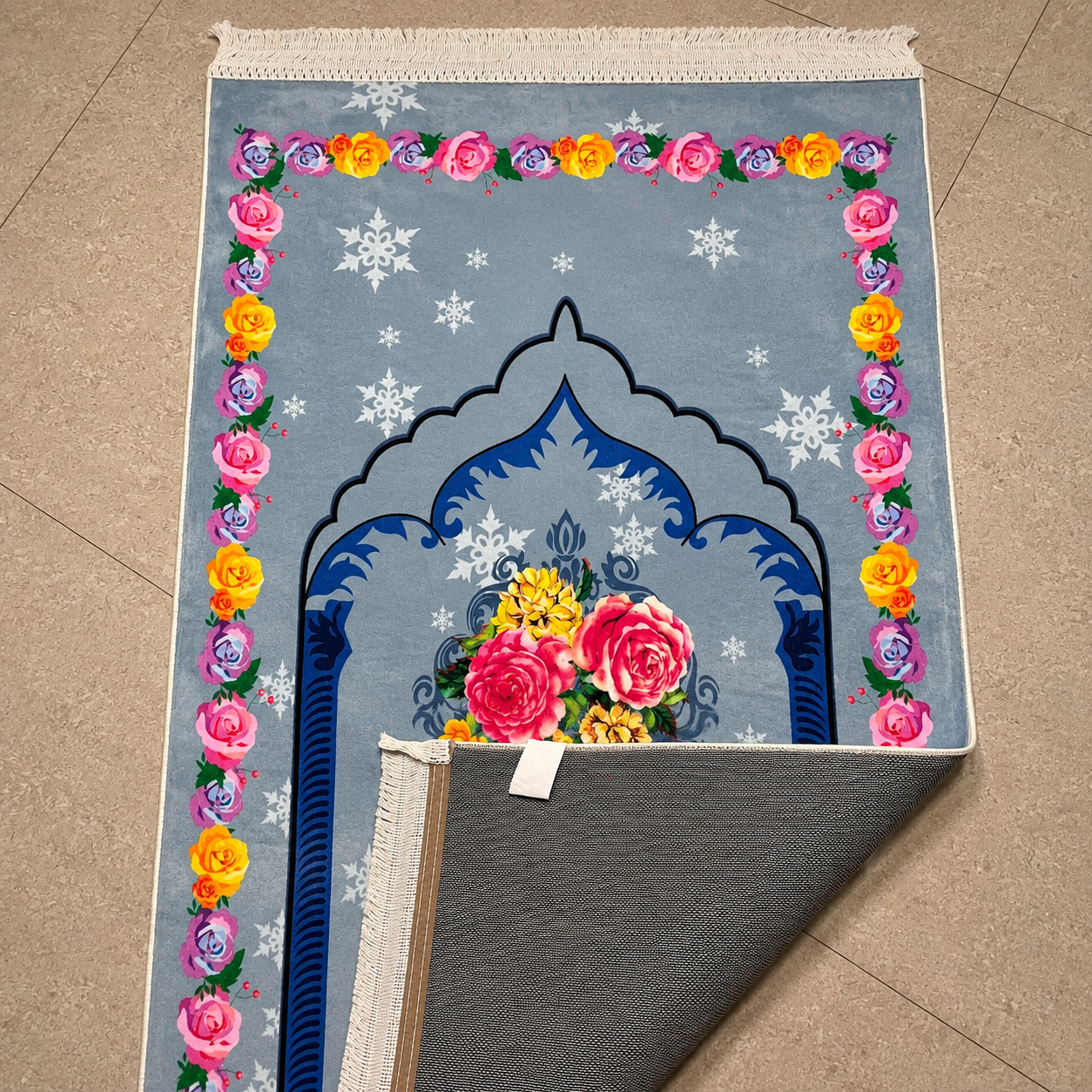 Premium floral Turkish prayer mat with colorful rose print, elegant Janamaz by AL-HADAYA