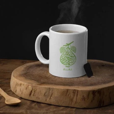 Premium ceramic Bismillah mug featuring elegant Arabic calligraphy design.