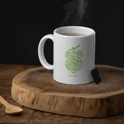 Premium ceramic Bismillah mug featuring elegant Arabic calligraphy design.
