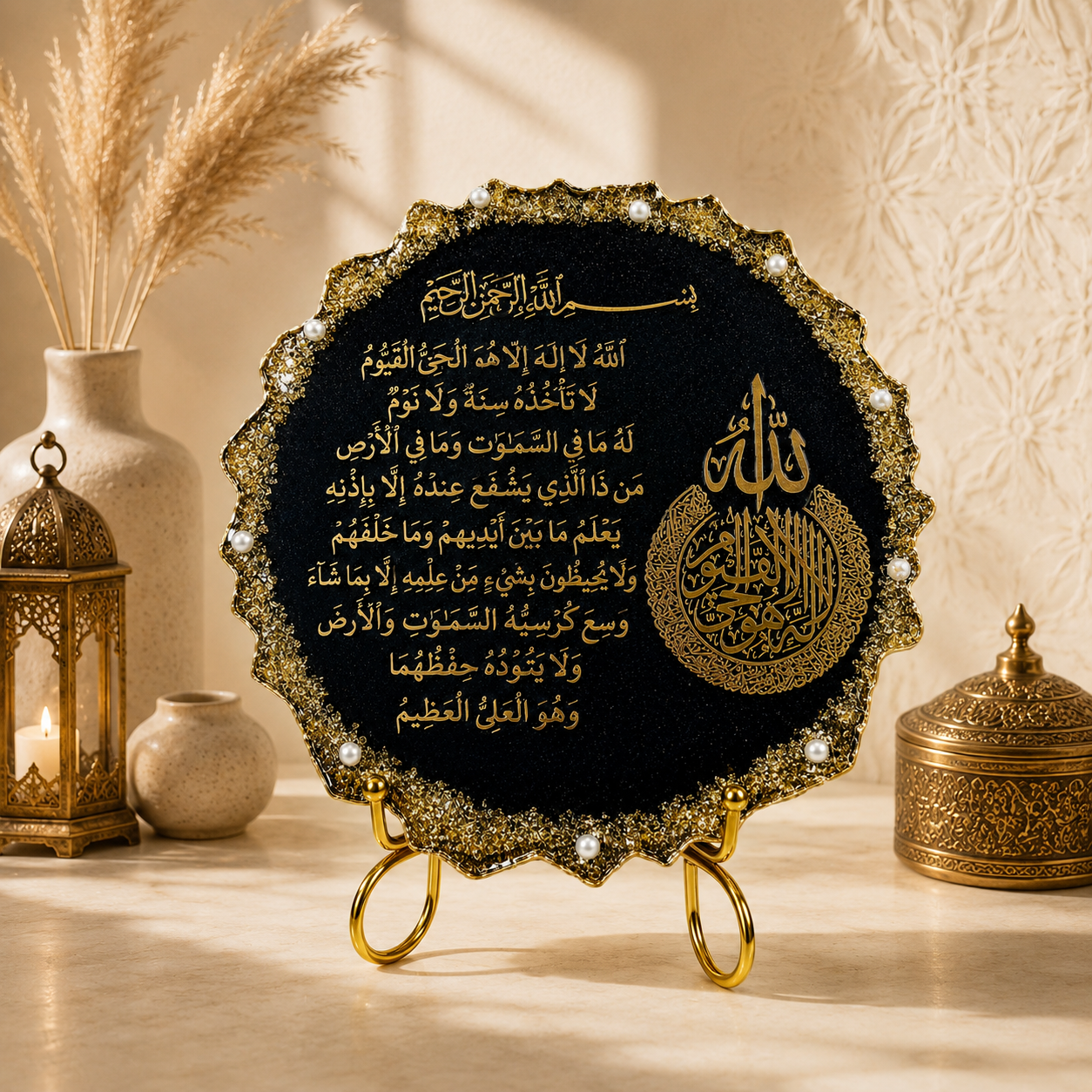 Premium Muslim Home Décor Resin Stand – Handmade Black Art Edition | Luxury Handmade Islamic Resin Stand Art | Black & Gold Décor | Al-Hadaya