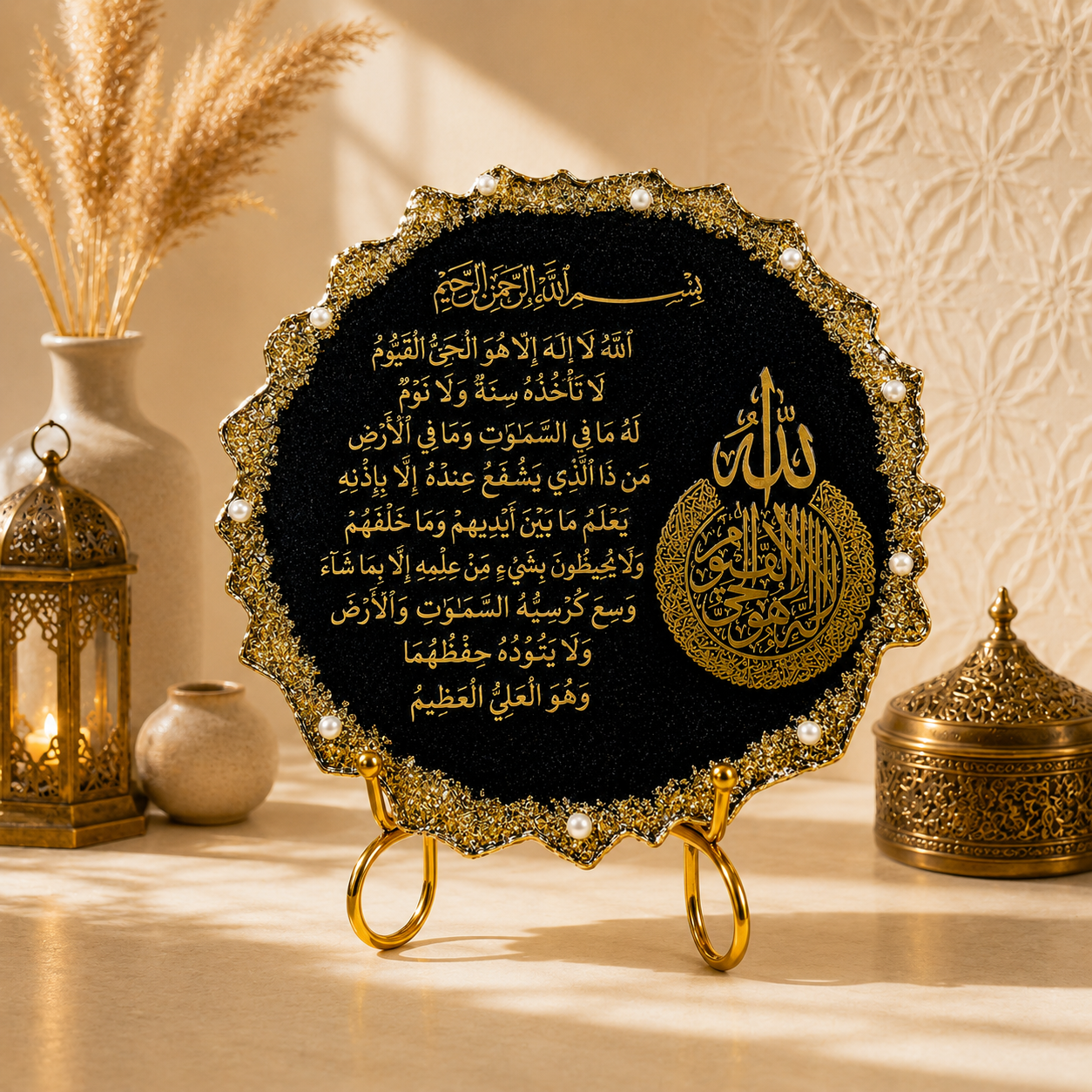 Premium Muslim Home Décor Resin Stand – Handmade Black Art Edition | Luxury Handmade Islamic Resin Stand Art | Black & Gold Décor | Al-Hadaya