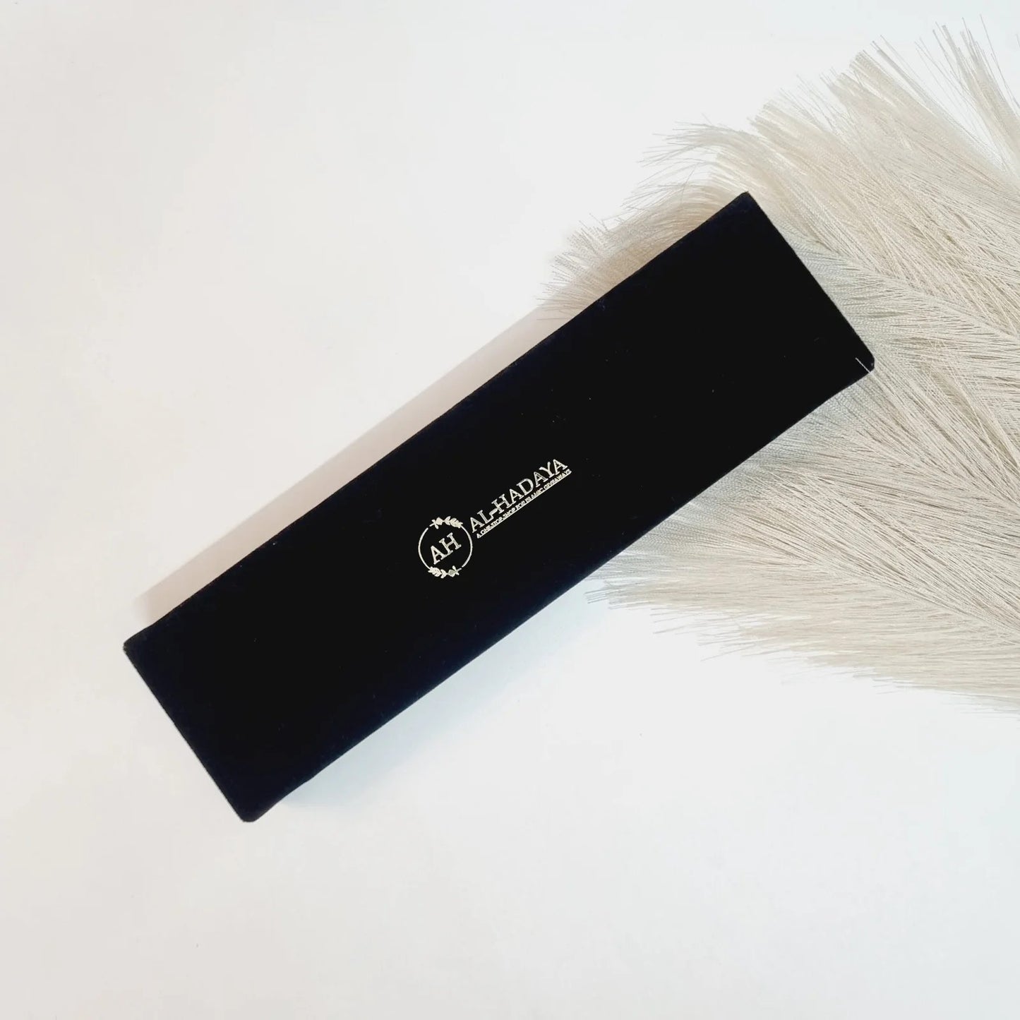 Black Luxe Velvet Box with black crystal tasbih and silver Bismillah bookmark, perfect Muslim favor gift.