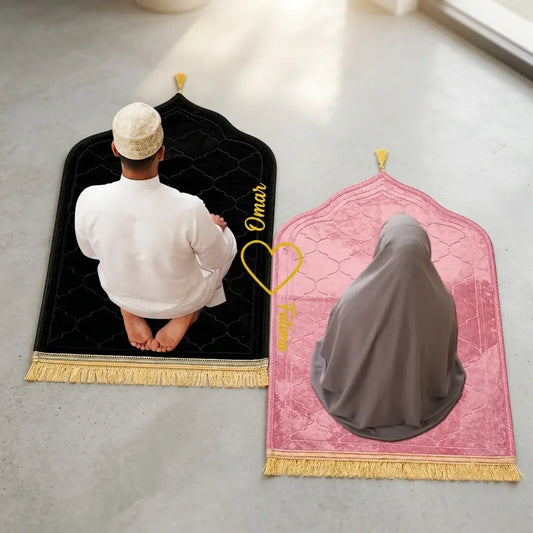 Personalized Black and Pink Velvet Couple Prayer Mat Set with Gold Calligraphy