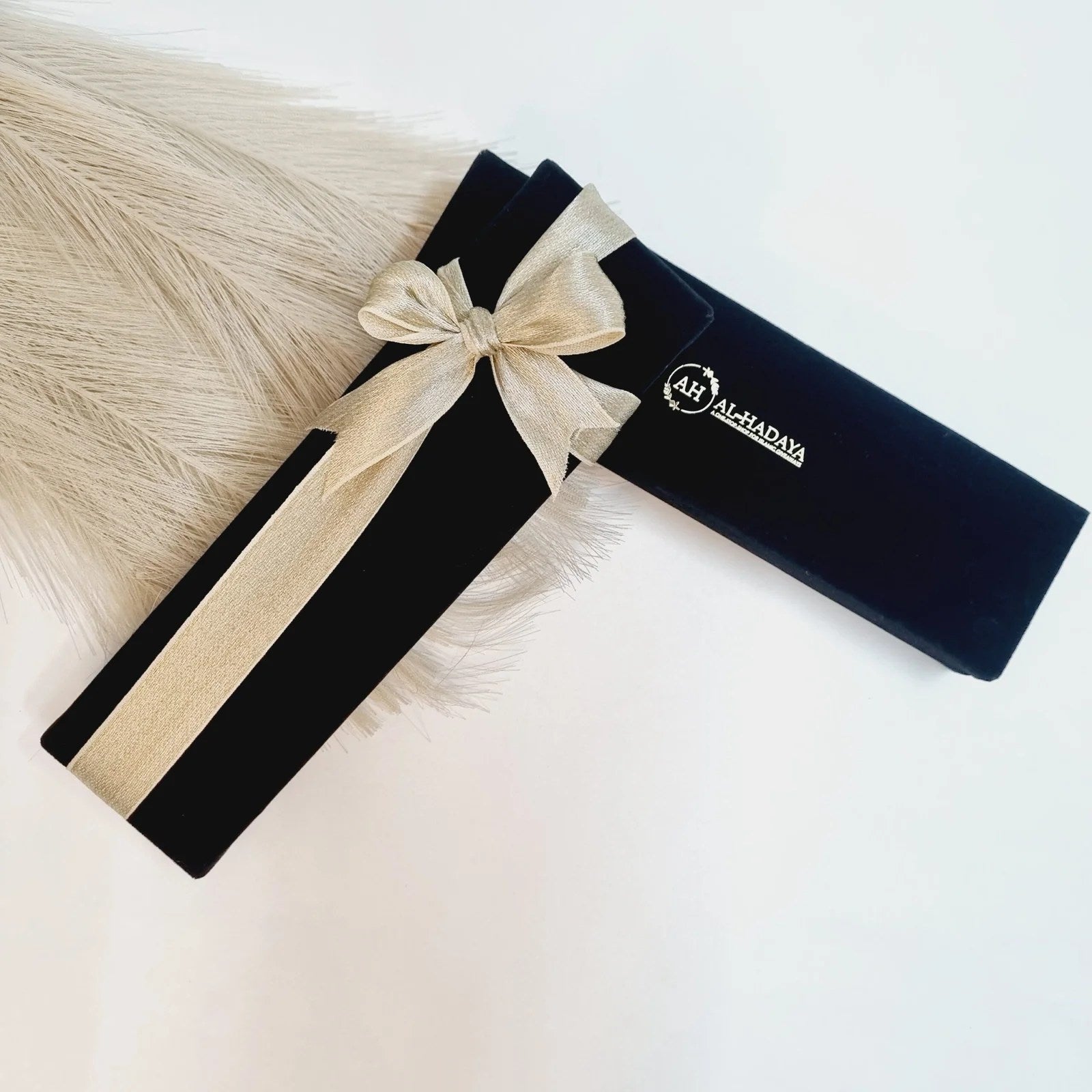 Black velvet keepsake box with crystal tasbih 99 beads and silver engraved Bismillah bookmark.