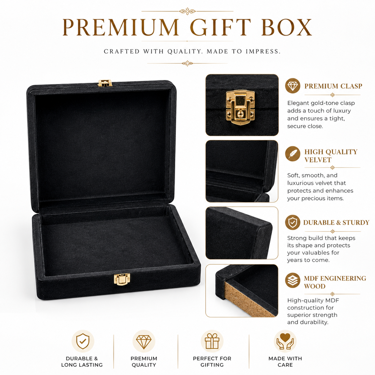 An open black velvet gift box with gold-tone hardware on a white background, surrounded by feature callouts and text describing premium clasp, velvet material, durability, and gift-box suitability.