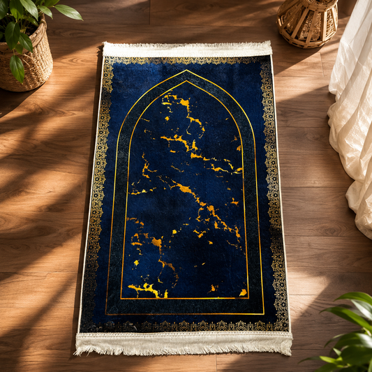 Premium navy blue Turkish prayer mat with gold marble design, luxury velvet Janamaz by AL-HADAYA