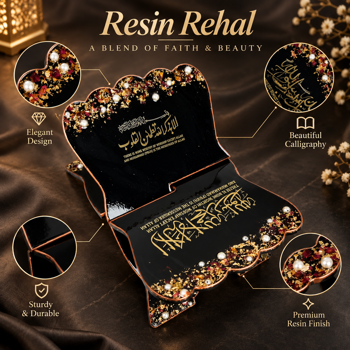 A premium black wooden Quran rehal with intricate gold detailing, pearl embellishments, and dried floral accents, placed on a dark elegant surface with warm ambient lighting and black satin fabric.