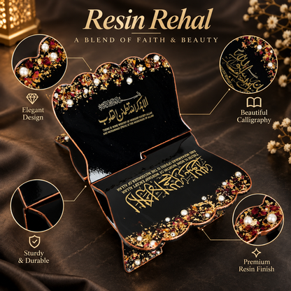 A premium black wooden Quran rehal with intricate gold detailing, pearl embellishments, and dried floral accents, placed on a dark elegant surface with warm ambient lighting and black satin fabric.