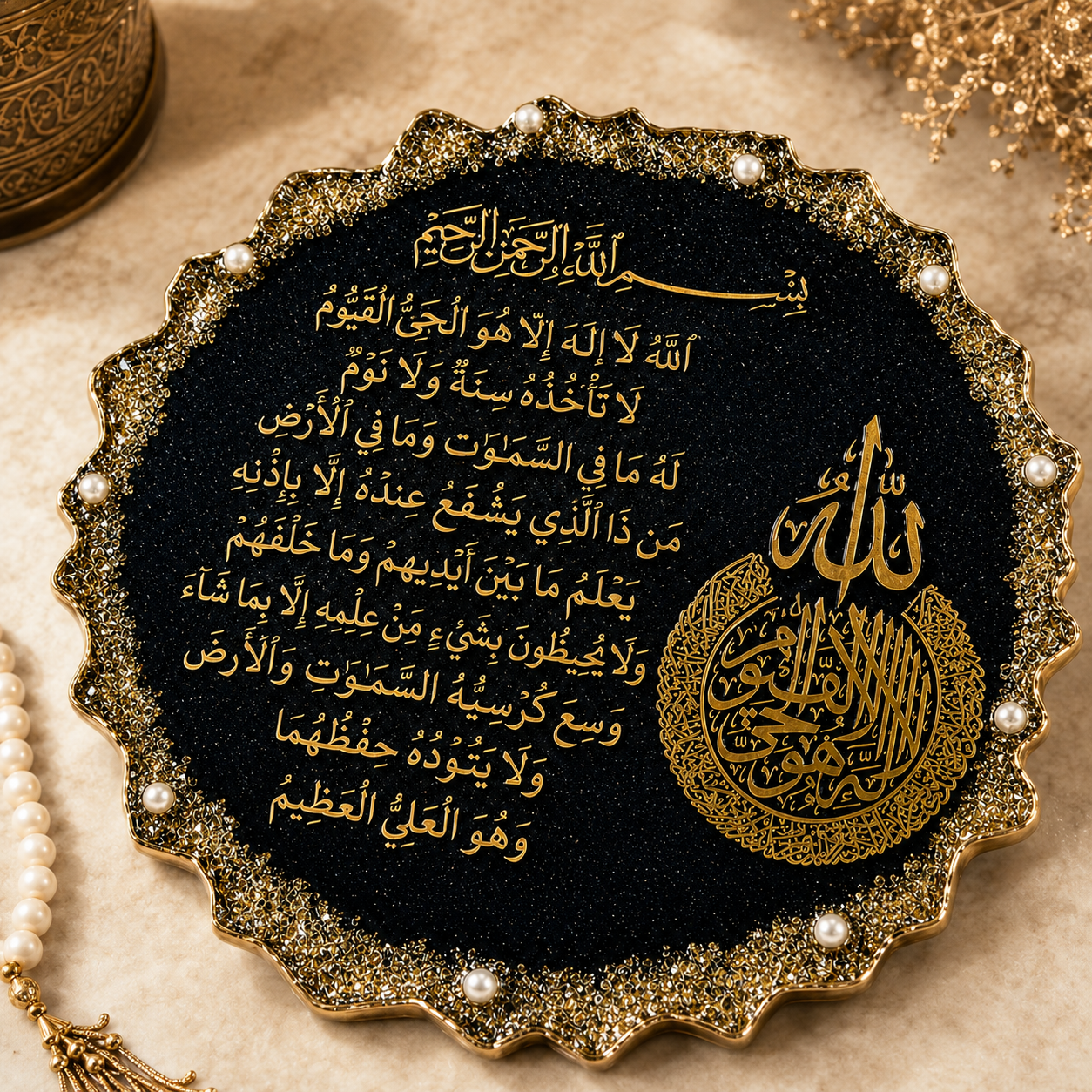 Premium Muslim Home Décor Resin Stand – Handmade Black Art Edition | Luxury Handmade Islamic Resin Stand Art | Black & Gold Décor | Al-Hadaya