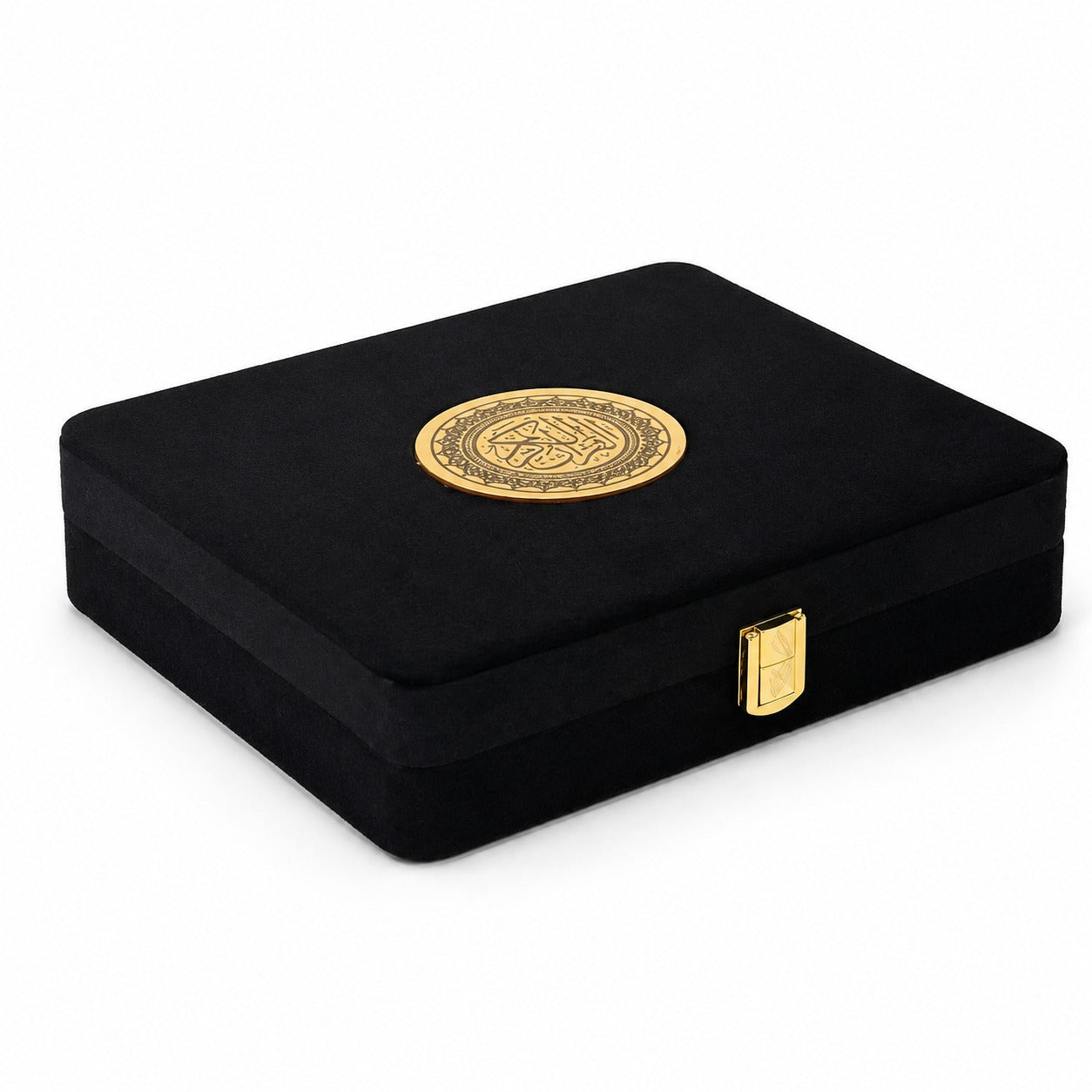 A black velvet jewelry box with a gold circular emblem on top and a gold latch on the front, shown on a white background.