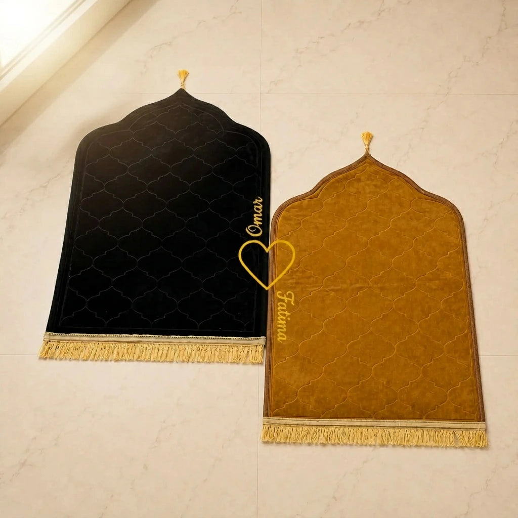 Personalized Black and Golden Velvet Couple Prayer Mat Set with Gold Calligraphy