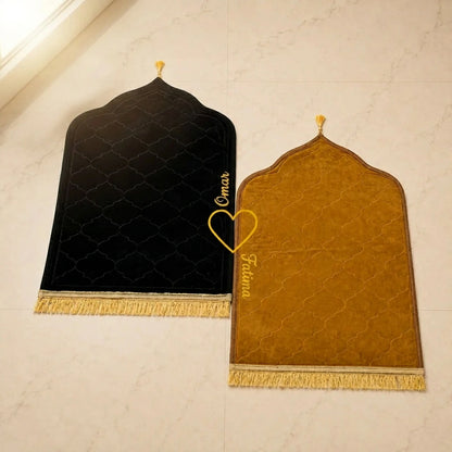 Personalized Black and Golden Velvet Couple Prayer Mat Set with Gold Calligraphy