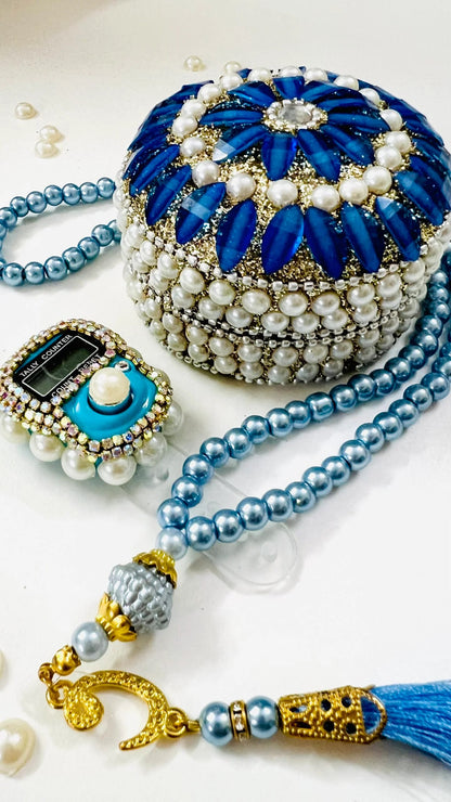 Blue Islamic Turkish Tasbih Set – Premium 99 Bead Tasbih with Studded Digital Counter and Gift Box