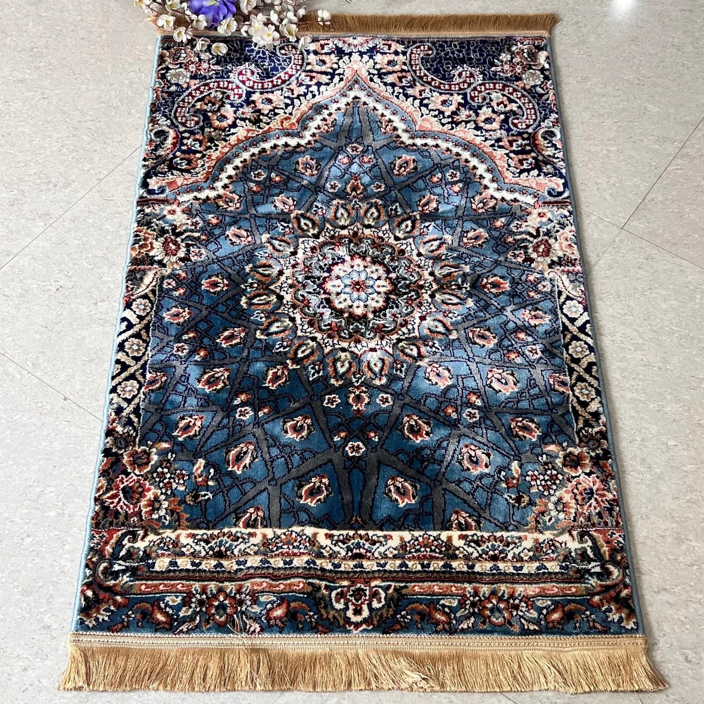 Blue Velvet Turkish Prayer Mat | Anti-Slip Luxury Musalla from Turkey