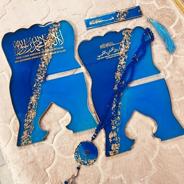 Personalised Blue and Gold Quran stand with matching bookmark and Crystal Resin Tasbeeh