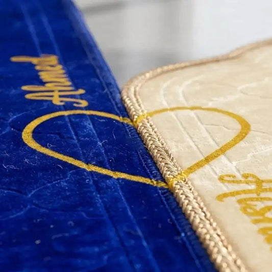 Couple Prayer Mat Set Royal Blue and Off White Velvet with Heart