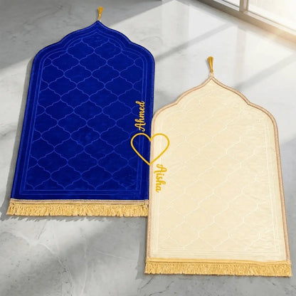 Personalized Couple Prayer Mat Set Royal Blue and Off White Velvet Dome Janamaz