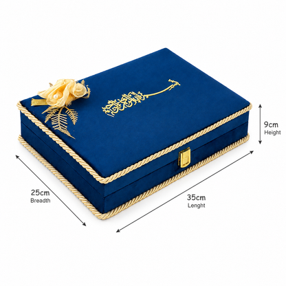 A royal blue velvet jewelry box with gold trim, a gold rose decoration on the lid, and gold Arabic calligraphy, shown with dimension lines indicating 25cm breadth, 35cm length, and 9cm height.