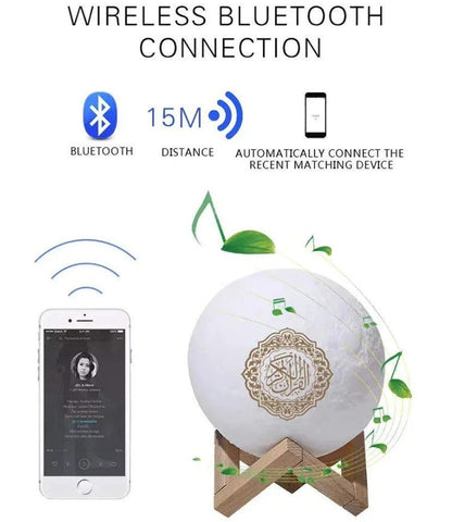 Bluetooth-enabled Quran night lamp with elegant moon design and multi-color lighting