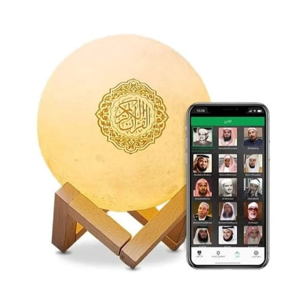 Bluetooth-enabled Quran night lamp with elegant moon design and multi-color lighting.