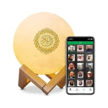 Bluetooth-enabled Quran night lamp with elegant moon design and multi-color lighting.