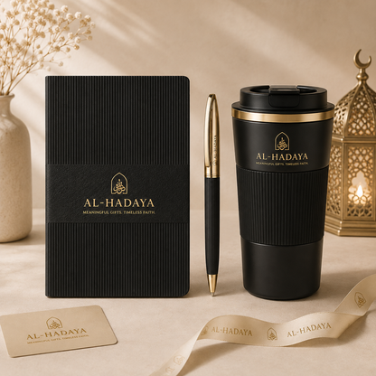 Premium Black & Gold Corporate Gift Set | Notebook, Pen & Travel Mug