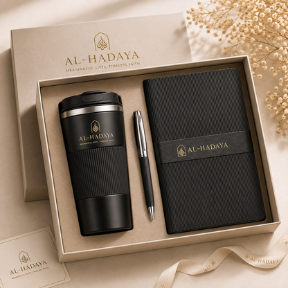Premium Black & Gold Corporate Gift Set | Notebook, Pen & Travel Mug