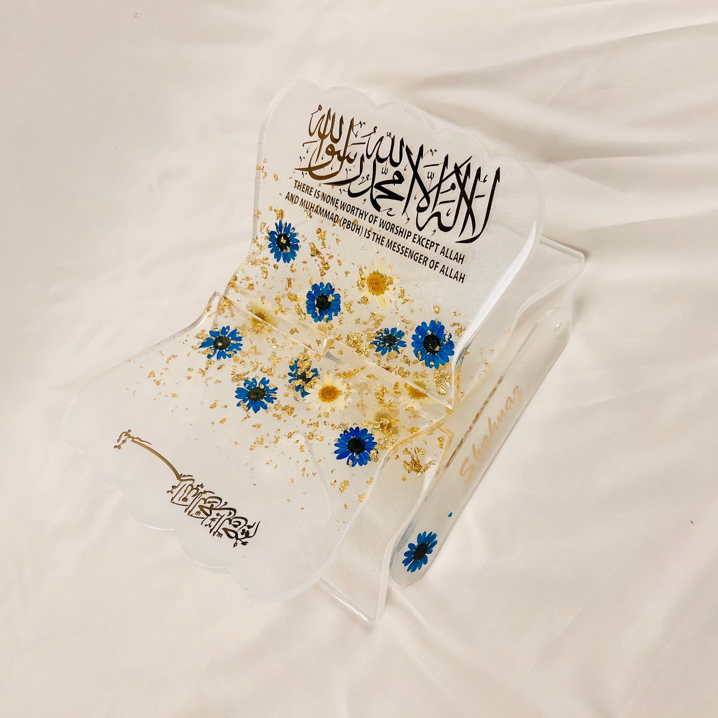Premium Resin Art Quran Stand (Rehal)|Dried Flowers & Gold Flakes - Islamic Gift | Quran Holder with Pressed Flowers