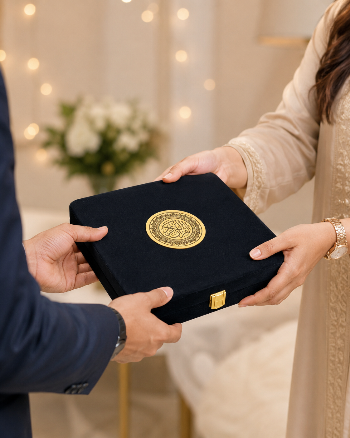 A black velvet jewelry box with a gold circular emblem and clasp being handed over from one person to another in a warmly lit indoor setting.