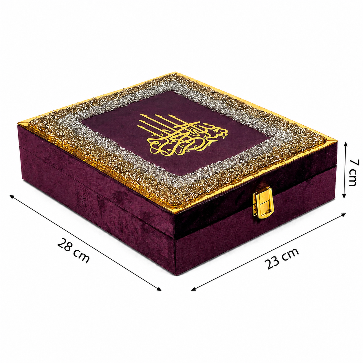 A square purple velvet jewelry box with gold trim, a gold clasp, and a gold decorative emblem on the lid, shown with dimension arrows indicating 28 cm length, 23 cm width, and 7 cm height on a white background.