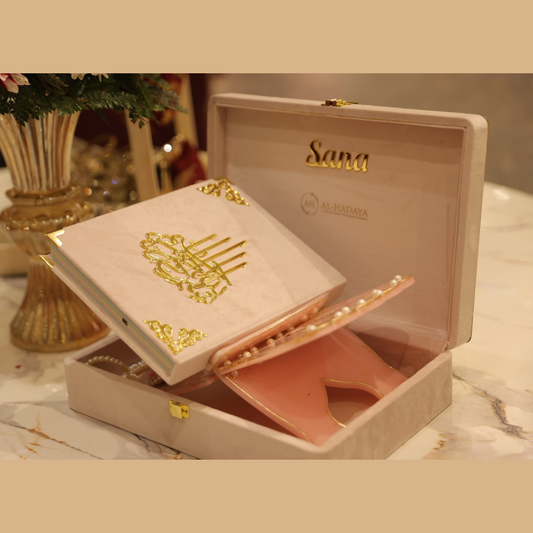 Luxury Islamic Quran Gift Set featuring premium velvet Quran, handmade resin rehal, and personalized keepsake box. Perfect for Nikah, Ramadan, Eid & Muslim wedding gifting.