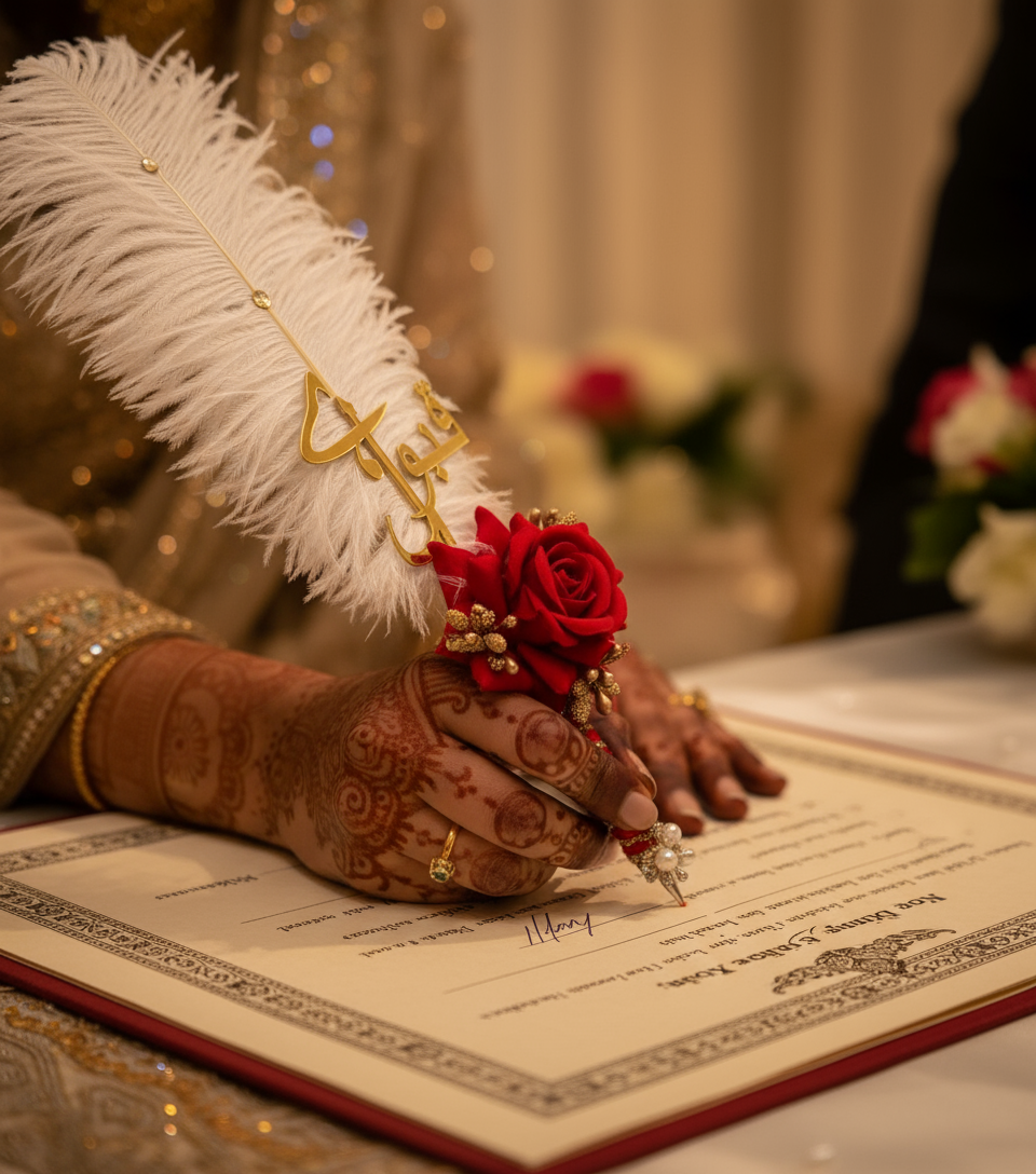 Beautiful “Qubool Hai” Nikah pen designed for bride and groom — elegant Islamic wedding accessory.