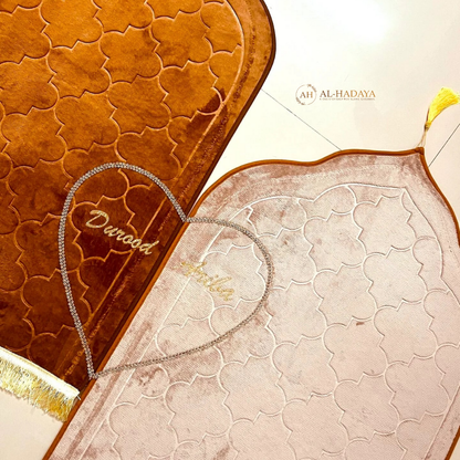 Velvet couple prayer mat set in matching tones symbolizing love and faith